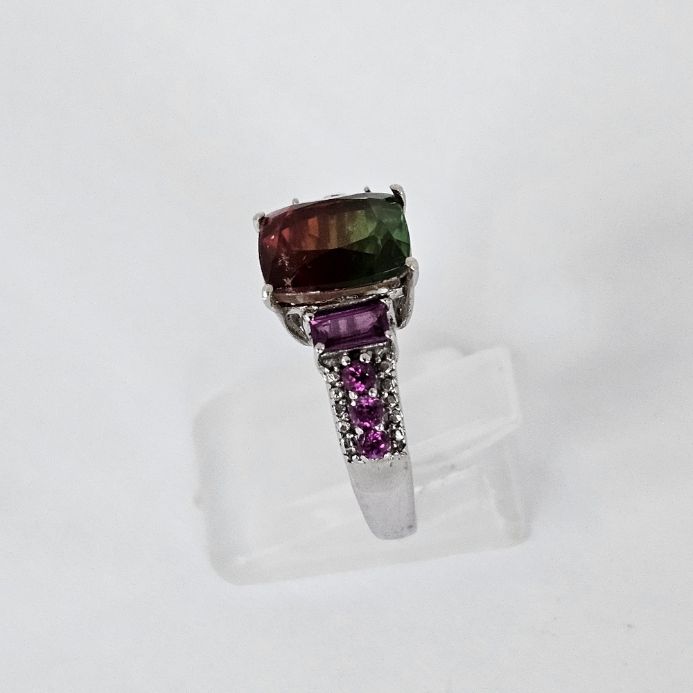 Genuine Watermelon Quartz & Rhodolite Garnet Ring Platinum/925 Sz 8! - Picture 8 of 14